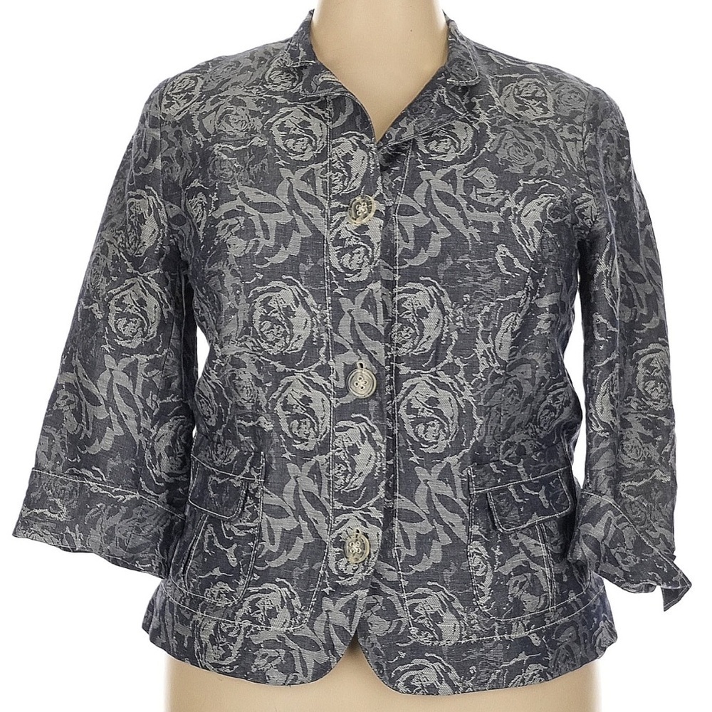Coldwater Creek Navy Grey Faded Floral Roses Linen Blend Button Jacket Size 16